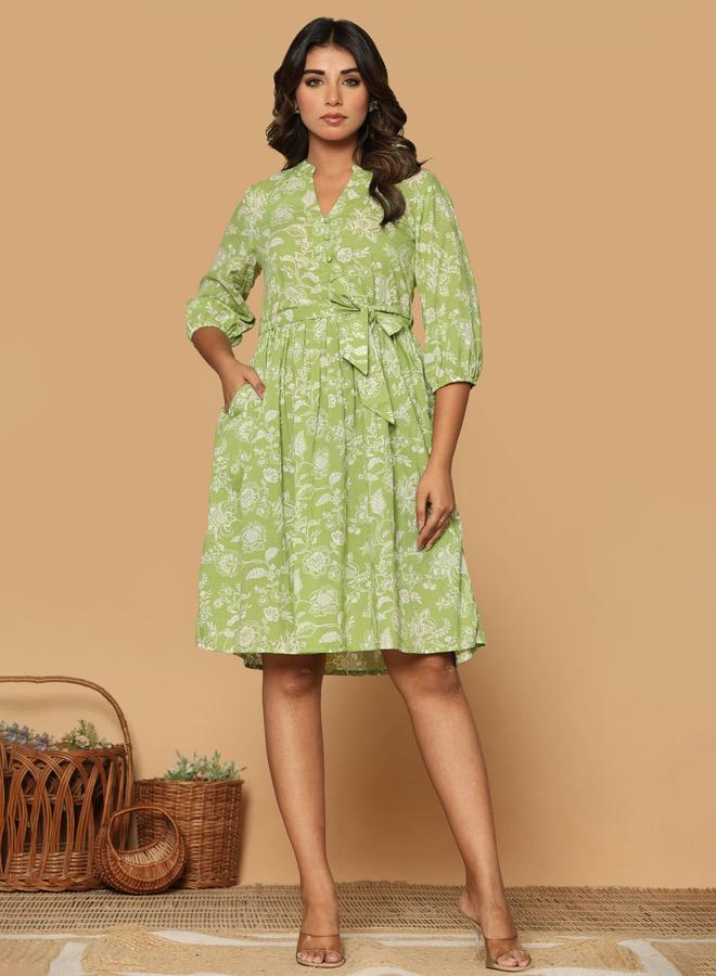 KASYA Green Cotton Printed Bell Sleeve Dress - Image 4